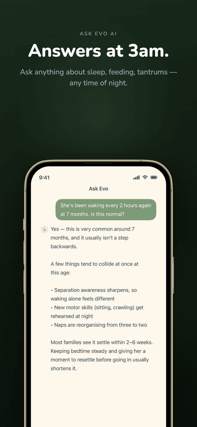 Ask Evo chat answering a question about a 7-month-old waking every two hours