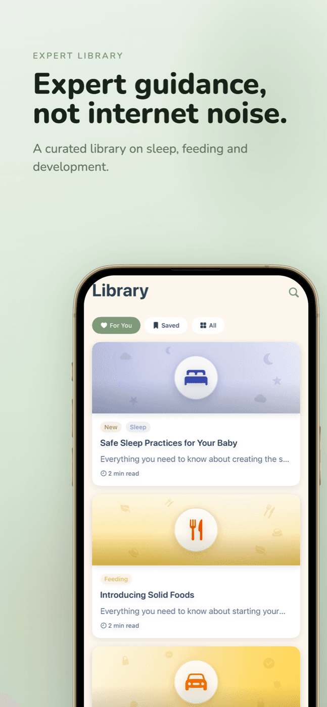 Evo expert library with curated articles on safe sleep and introducing solid foods